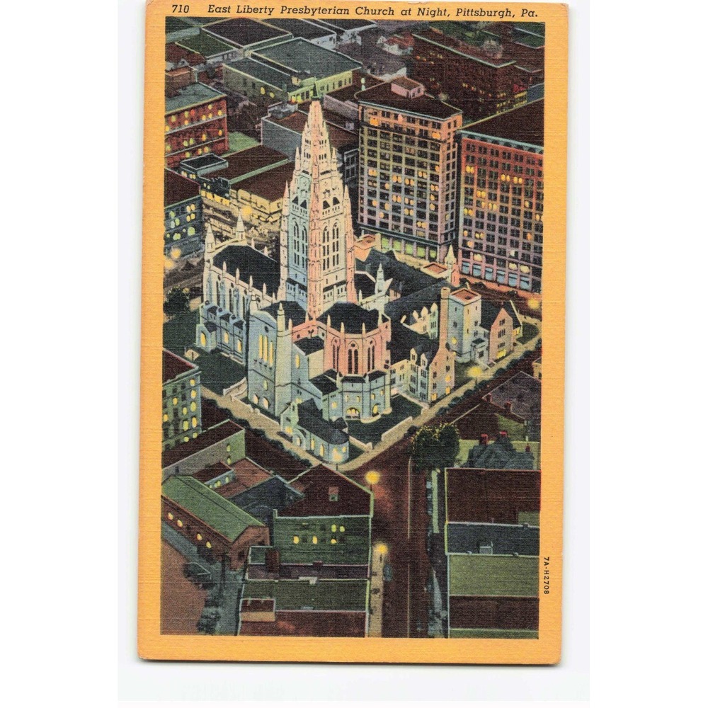 East Liberty Presbyterian Church at Night Pittsburgh PA Vintage Linen Postcard